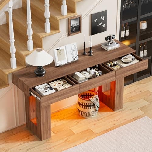 PAKASEPT Natural 63-Inch Console Table with Colorful LED Lights and 3 Drawers