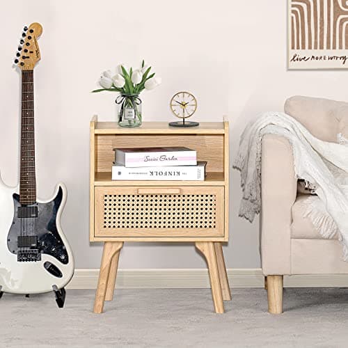 Lerliuo Natural Boho Rattan Nightstands Set of 2 with Drawer & Shelf for Bedroom Small Spaces
