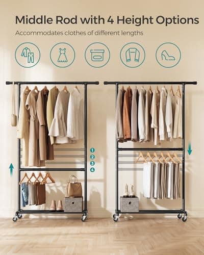 SONGMICS Heavy-Duty Double-Rod Clothes Rack with Casters, Black Adjustable Metal Frame UHSR62BK