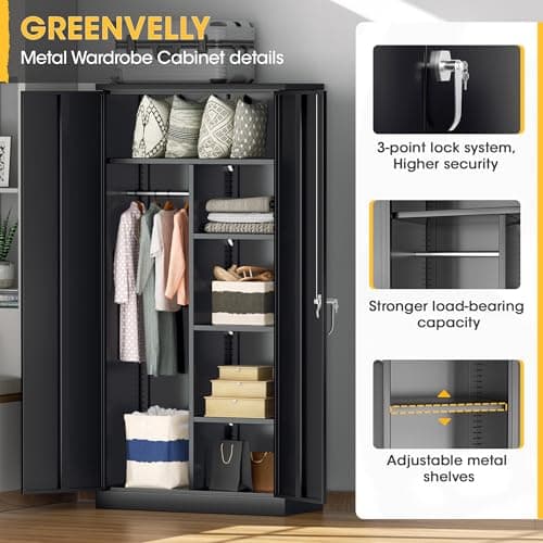 Greenvelly Black Metal Storage Wardrobe with Lock & Shelves, 72" Closet for Home, Office & Bedroom