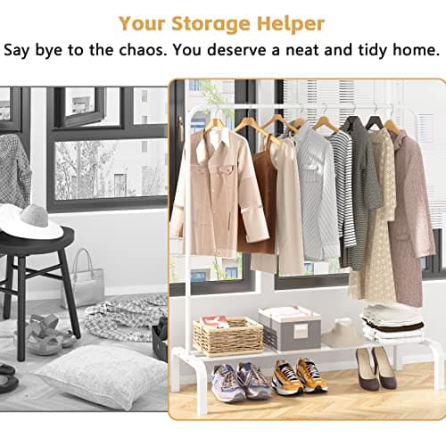White Metal Clothes Rack with Bottom Shelf for Hanging Shirts Jeans Coats