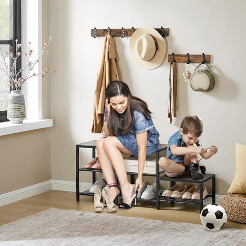 Entryway Hall Tree Bench with Shoe Storage and Coat Hooks - Parent-Child 3-in-1 Design for Hallway or Bedroom