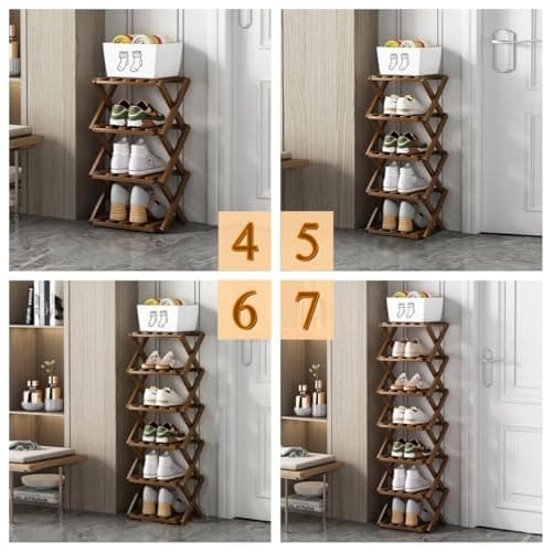 Bamboo Foldable Shoes Organizer, 4 Layers, Natural Brown | Versatile Storage Solutions
