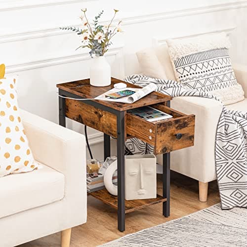 HOOBRO Rustic Brown & Black End Table Set, Charging Station, Drawer Storage, Small Spaces BF041BZP201