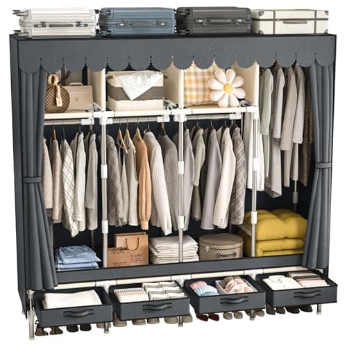 Large Grey Metal Closet with 4 Hanging Rods & Drawers, Non-Woven Dust Cover, 66.93in High, Bedroom Storage