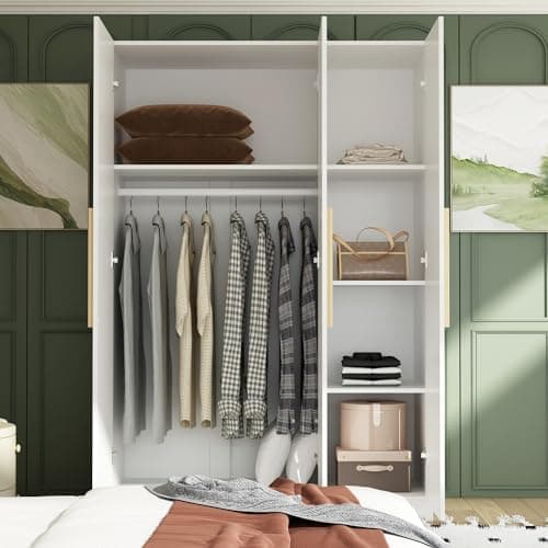 AIEGLE 3-Door Wood Wardrobe Armoire, Large Standing Closet with Shelves & Rod, White (70" H)