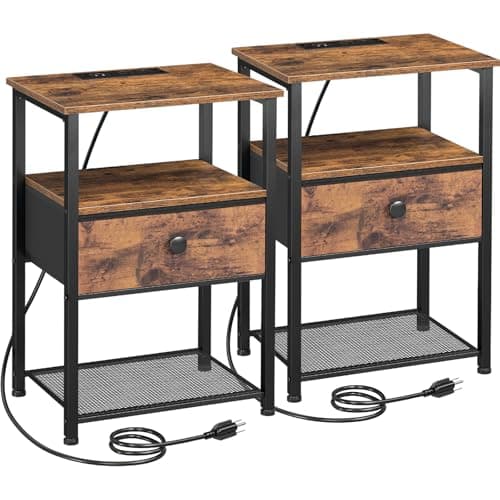 HETS01BK LED Nightstand with Charging Station & Fabric Drawer