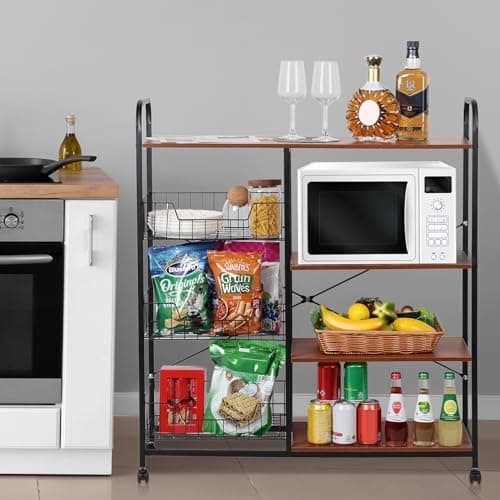 4-Tier Bakers Rack with Storage & Wheels, Coffee Bar with 3 Wire Basket, Utility Microwave Stand with Cabinet, Kitchen Organizer Shelf, Vintage Brown