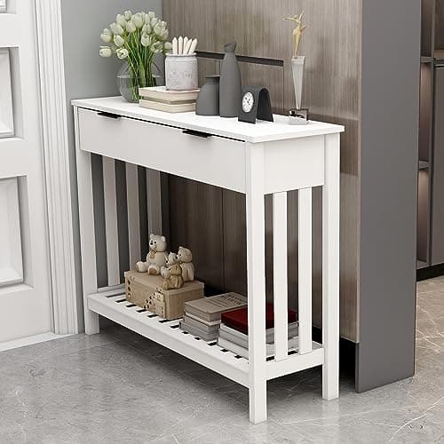 TaoHFE White Narrow Console Table with Storage for Living Room and Entrance