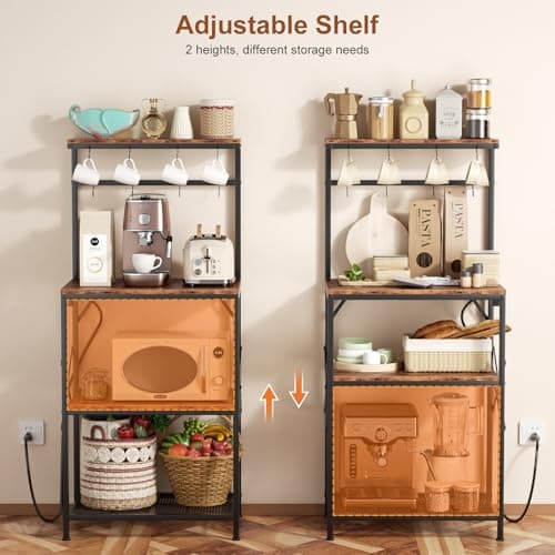 Rustic Brown 4-Tier Bakers Rack with Power Outlet & Storage