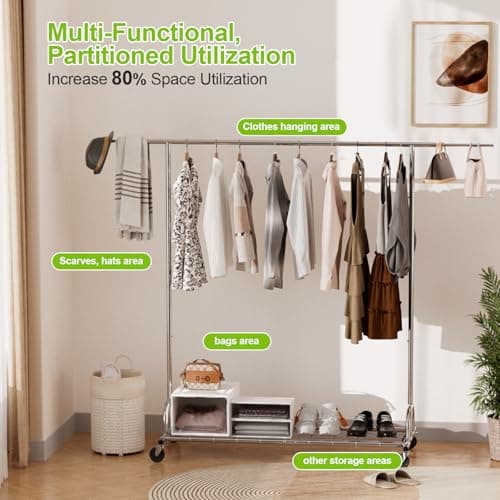 Sturdy 176lbs Capacity Collapsible Metal Rolling Clothes Rack, SilverChrome