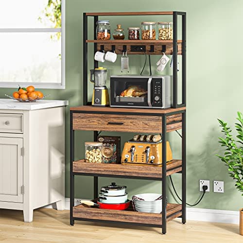 Tribesigns Rustic Brown 5-Tier Bakers Rack with Power Outlets & Hooks