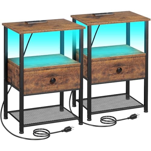 HETS01BK LED Nightstand with Charging Station & Fabric Drawer