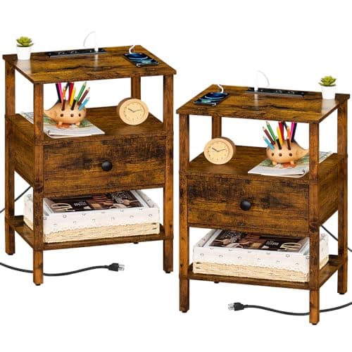 Lerliuo 3-Tier Nightstand with Charging Station - Natural Wood