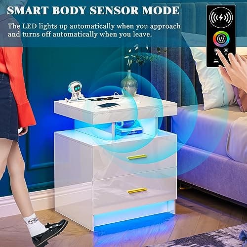 High Gloss Nightstand with USB/Wireless Charging, LED White Side Table with Storage Drawers