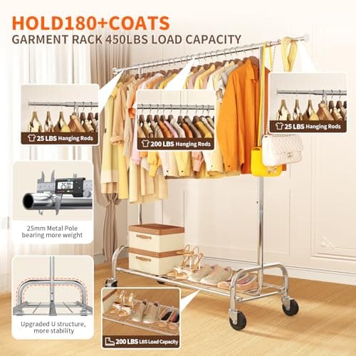 Sturdy 450 LBS Standing Rollable Clothes Rack, Silver Metal Closet Wardrobe