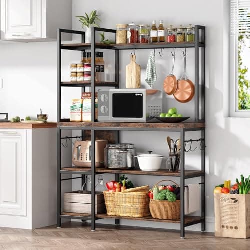 Tribesigns 43" Wide Bakers Rack with 5-Tier Shelves & 10 Hooks, Black Brown