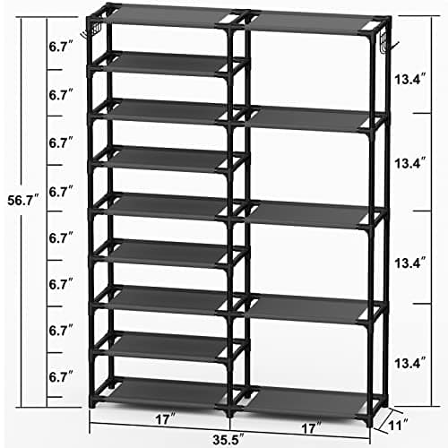 Large Capacity Black Garage Shoe Rack, 24-35 Pairs, Two Rows Hooks