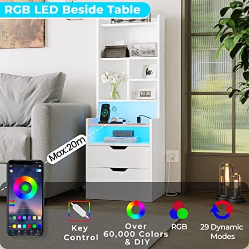 ADORNEVE Tall Night Stand with Charging Station & LED Lights, White with Bookshelf & Drawers