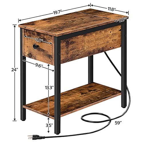 HOOBRO Rustic Brown & Black End Table Set, Charging Station, Drawer Storage, Small Spaces BF041BZP201
