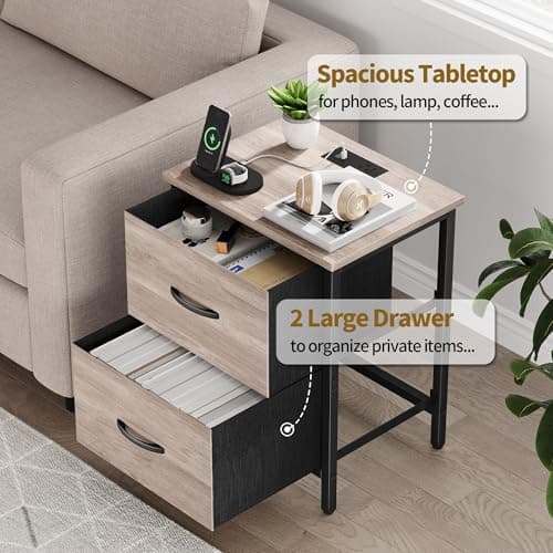 Vagusicc Greige Nightstand Set of 2 with Charging Station