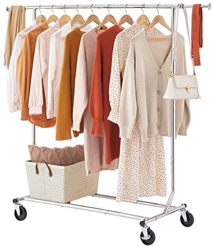 Tajsoon Heavy Duty Folding Clothing Rack with Wheels & Extendable Rod, Max 250lbs Capacity, Chrome