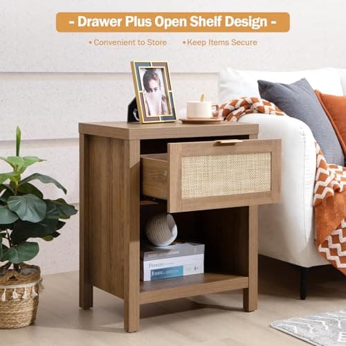 SICOTAS Farmhouse Nightstand Set - Oak Drawer & Storage Shelf - Boho Bedroomaccent
