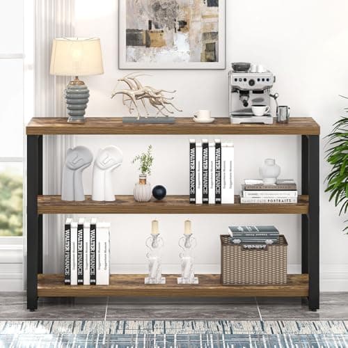 EXCEFUR Industrial Sofa Console Table with 3 Tier Storage Shelves, Rustic Brown