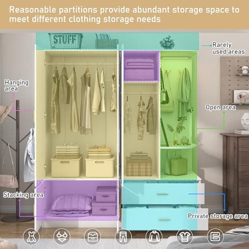 XVD Modern White Wardrobe Closet with Mirror & Sensor Light, 5 Doors & 2 Drawers