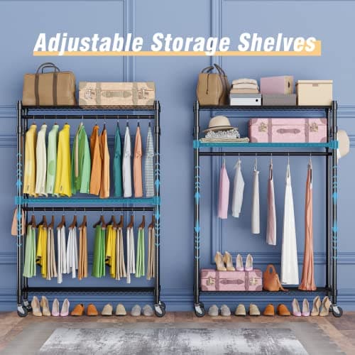 Homdox Heavy Duty Rolling Clothing Rack with Shelves and Side Hooks