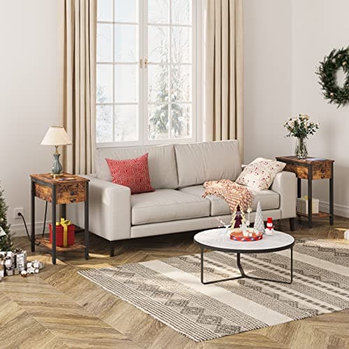 HOOBRO Rustic Brown & Black End Table Set, Charging Station, Drawer Storage, Small Spaces BF041BZP201