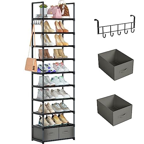 Narrow 10-Tier Shoe Rack, Sturdy Metal Stand, 20-25 Pair Storage for Closet