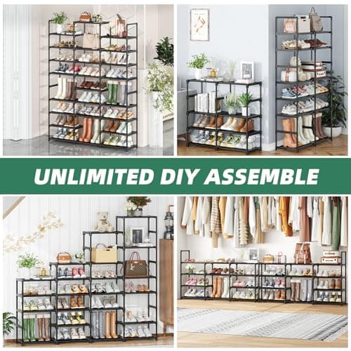 Tall Shoe Organizer Shelf 8 Tier Holds 64 Pairs, Black & DIY Style