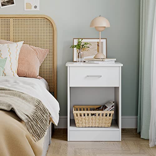 Fotosok 2-Tier Bedside Table with Drawer & Storage, White