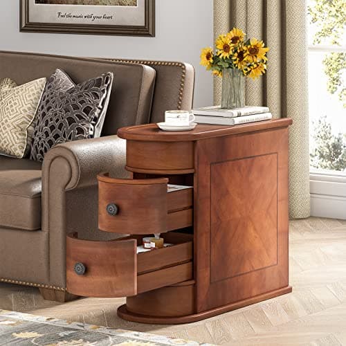 Little Tree End Table Set of 2, Wood with Drawers, Living Room Sofa Side Table