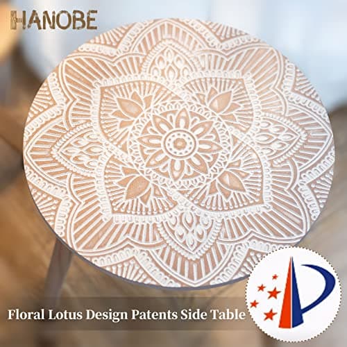 Hanobe Boho White Washed Side Table Set of 2 for Living Room and Bedroom