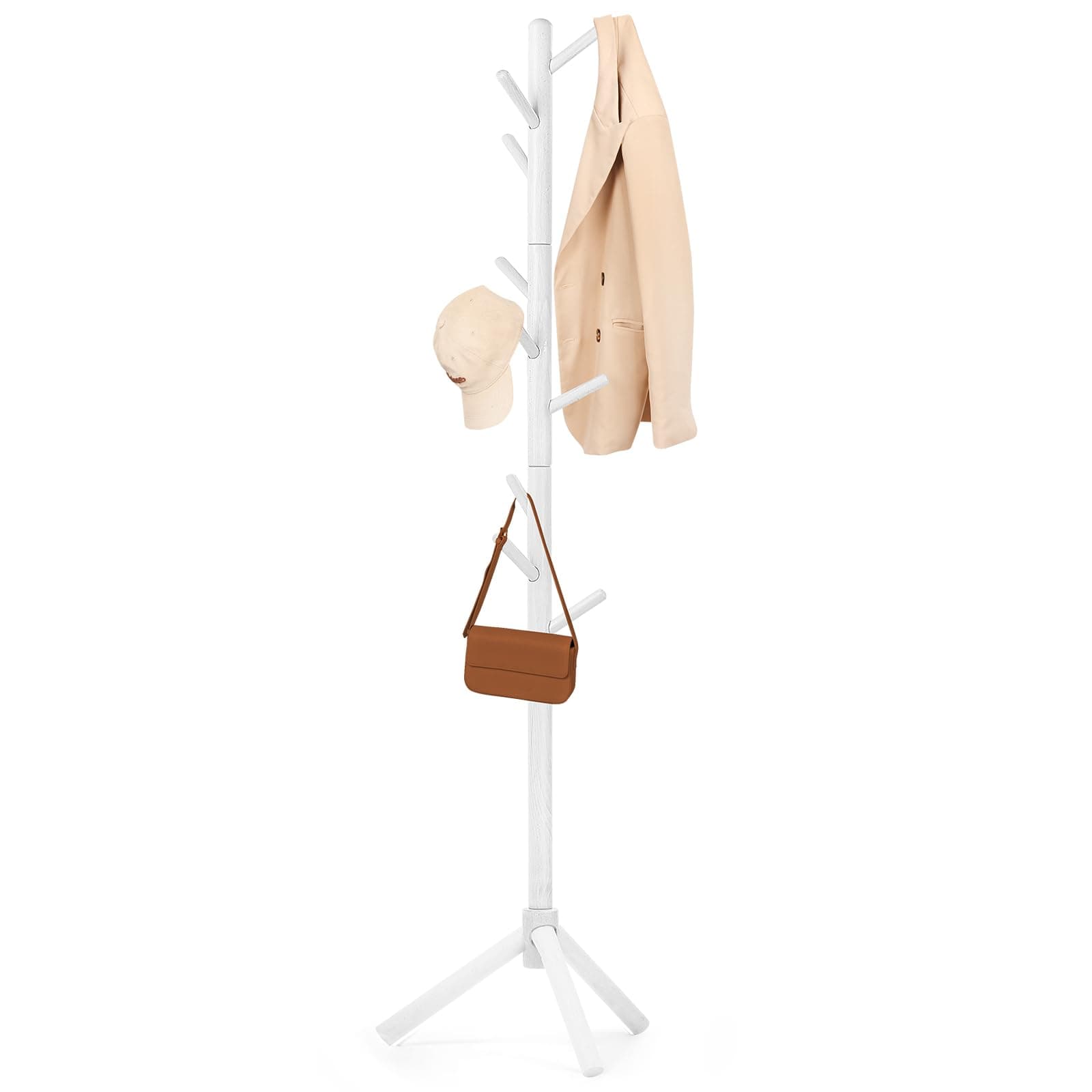 3 Height Adjustable Solid Wood Coat Rack with 9 Hooks (White)