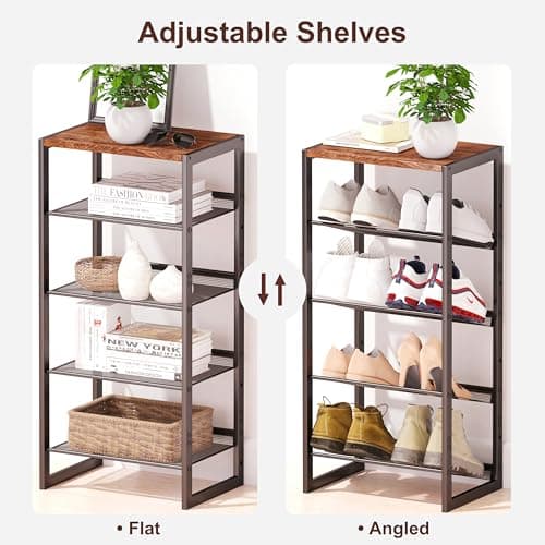 Slim 5-Tier Shoe Rack with Wood Top & Steel Mesh, 16.5x11.8x36 Inches for Entryway/Closet/Dorm
