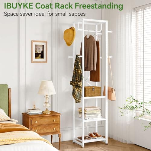 IBUYKE White Freestanding Coat Rack with 3 Shelves and 8 Hooks UTMJ088W