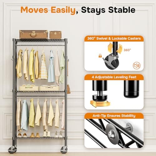 Heavy Duty Rolling Clothes Rack, 3-Shelf Black, 29.5" W x 75.6" H