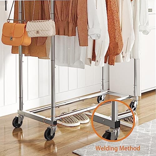 Trending Double Rod Clothing Rack with 4 Hooks & Wheels, Chrome