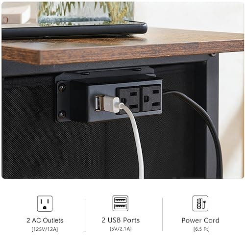 End Table with Charging Station and Drawers, Slim Side Table with USB Ports, Rustic Brown Wood Desktop Table