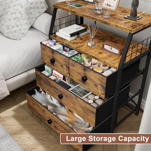 EnHomee Rustic Brown Nightstand with Charging & LED Lights, 4 Drawer Bedside Table, Wood Shelf, 2 USB Ports