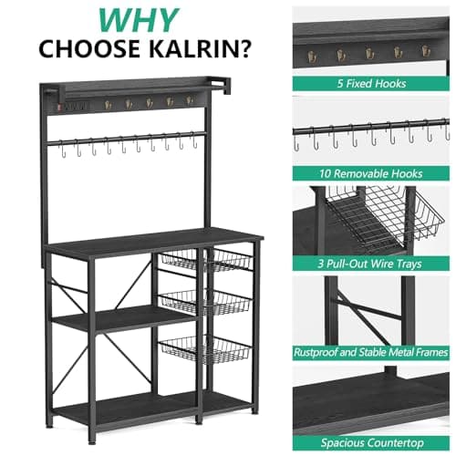 Gray Oak Large Bakers Rack with Power Outlets, 38.8 Inches, 15 Hooks, 3 Wire Baskets