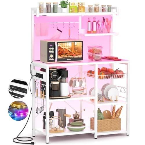 Aheaplus Rustic Brown Bakers Rack with Power Outlet & LED Lights, 10 Hooks & Wire Basket