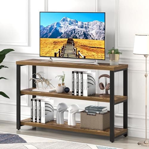 EXCEFUR Industrial Sofa Console Table with 3 Tier Storage Shelves, Rustic Brown