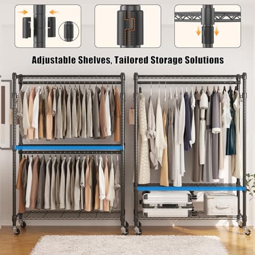 BATHWA Heavy Duty Rolling Wardrobe Rack, 8 Side Hangers, Black