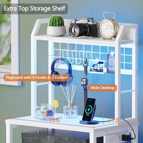 Furologee 41" Tall Nightstand with Charging & Pegboard, White