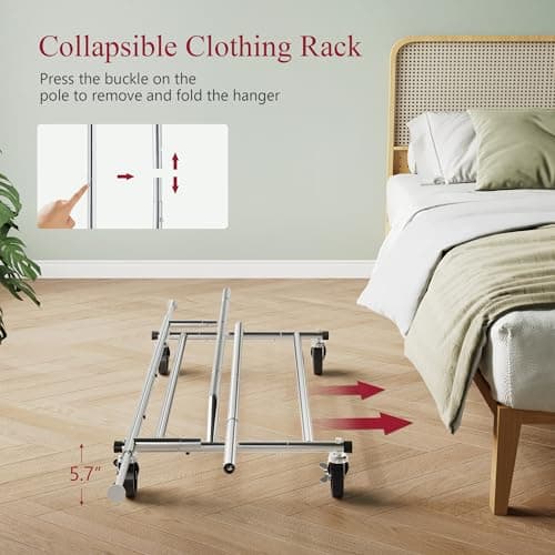 Tajsoon Heavy Duty Folding Clothing Rack with Wheels & Extendable Rod, Max 250lbs Capacity, Chrome