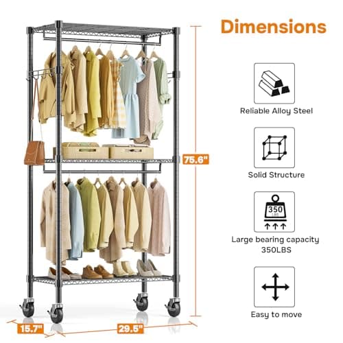 Heavy Duty Rolling Clothes Rack, 3-Shelf Black, 29.5" W x 75.6" H